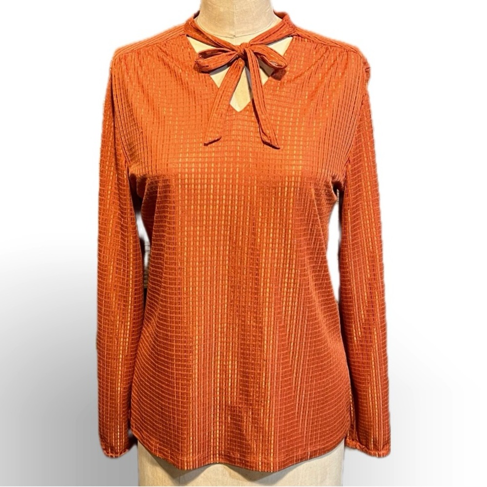 VINTAGE silky sheen bow tie blouse burnt rust orange 70s 80s disco polyester‎